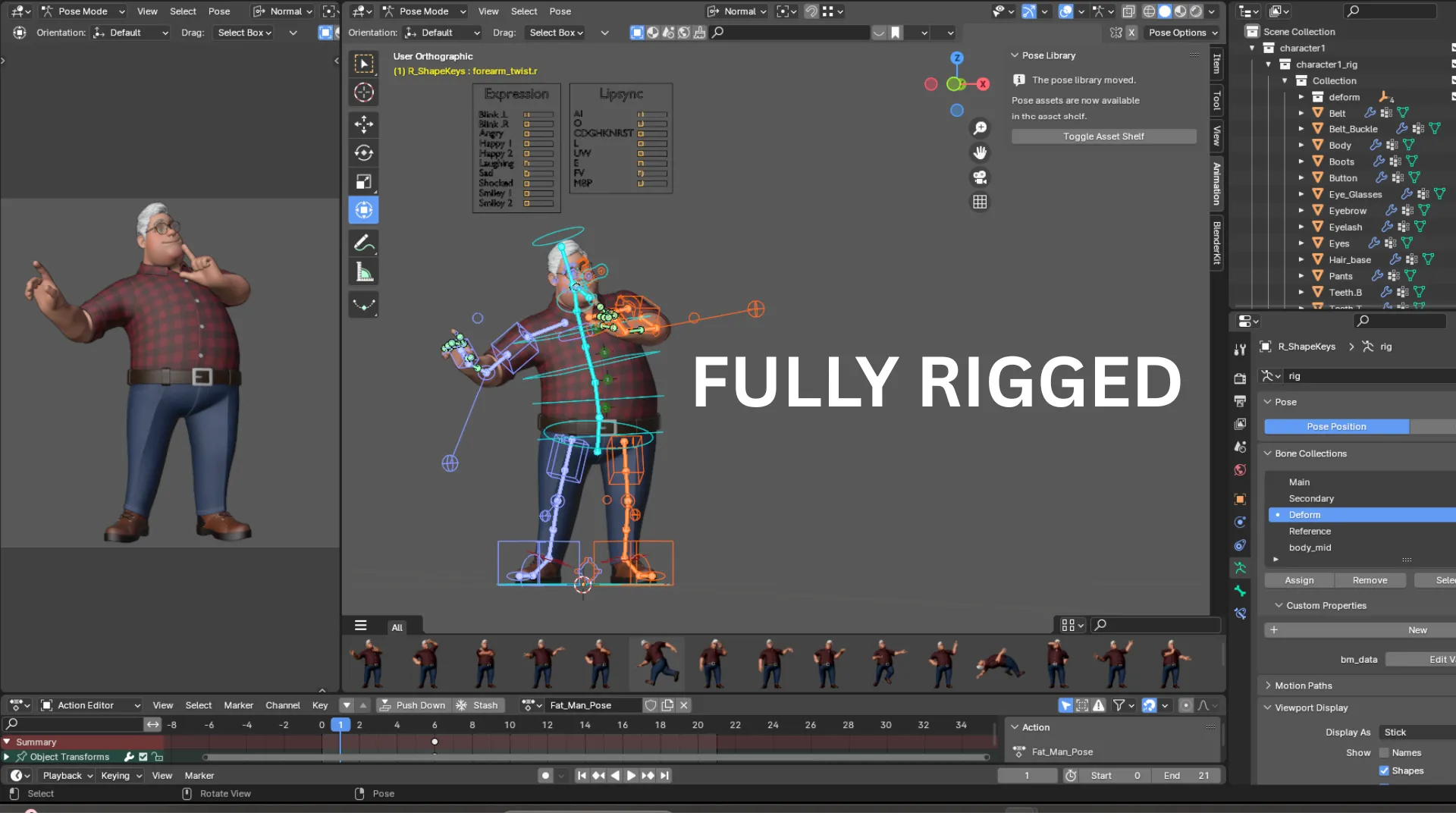 Fully rigged 3D character in Blender with rig controls and facial expressions
